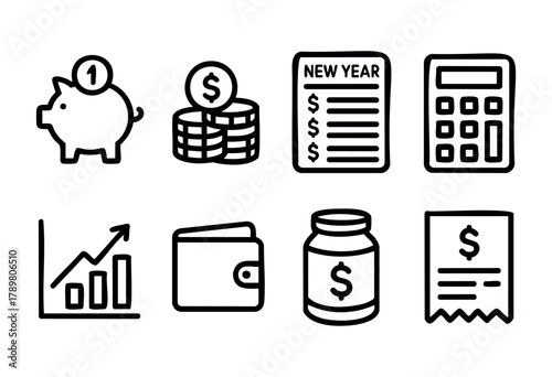 Various icons represent essential financial concepts such as saving, budgeting, and calculating expenses for the upcoming year. These visuals highlight effective money management strategies.