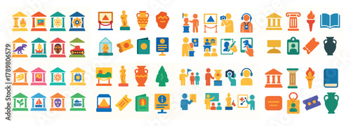 Colorful museum icons featuring artifacts and visitors