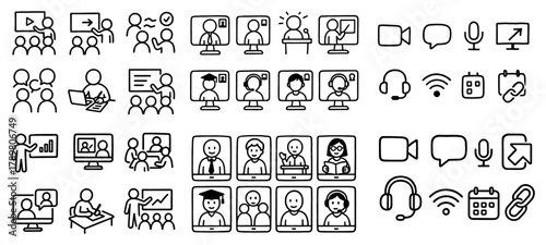 Virtual meeting and communication icons set