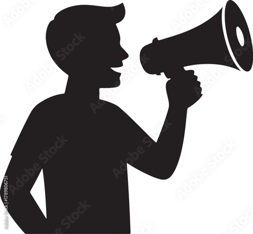 Silhouette person holding a megaphone icon for communication and announcement