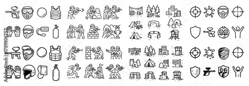Paintball icons set: gear, actions, and strategy