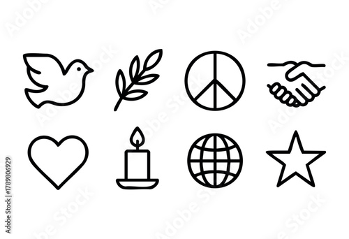 Various symbols reflect themes of peace, love, and global unity. They include a dove, olive branch, peace sign, handshake, heart, candle, globe, and star in minimalist designs.