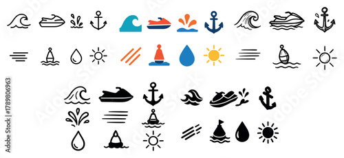 Nautical icon set with waves and anchors