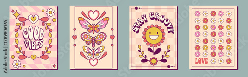 Groovy retro posters with flower patterns, butterfly motifs and vintage typography in pink and yellow pastel colors. Psychedelic 70s graphic designs with smiling daisies and moths for nostalgic print.