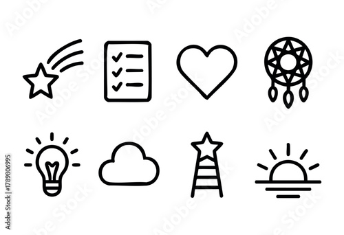 This collection features eight doodle icons, including a star, checklist, heart, dreamcatcher, light bulb, cloud, ladder, and sunset. Each icon represents different aspects of creativity and positivit