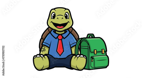 A happy cartoon turtle wearing a blue shirt and red tie, sitting next to a green backpack, ready for school.