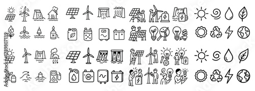 Renewable energy icons set: wind, solar, eco symbols