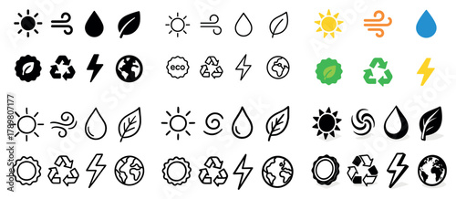 Eco symbols collection: sun, leaf, recycle, energy icons