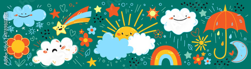 Cute weather icons set with cartoon sun and clouds, rainbow and rain elements for kid design. Vector smiling celestial characters, colorful umbrella, flowers and stars in playful doodle style.