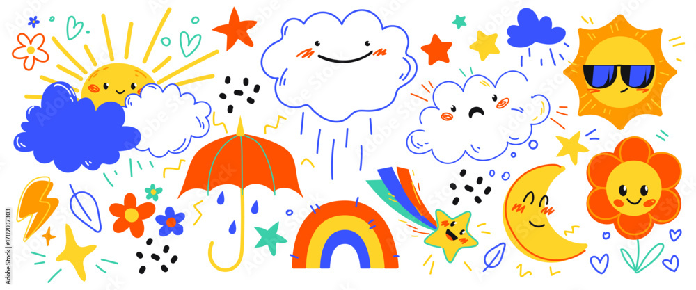 Fototapeta premium Cute weather character set with cartoon sun and moon, cloud, rainbow and rain icons for kid design. Smiling celestial elements and colorful umbrella in hand drawn doodle style. Playful childish vector