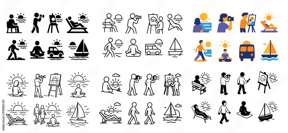 Naklejka premium Vacation icons with people at the beach and sea