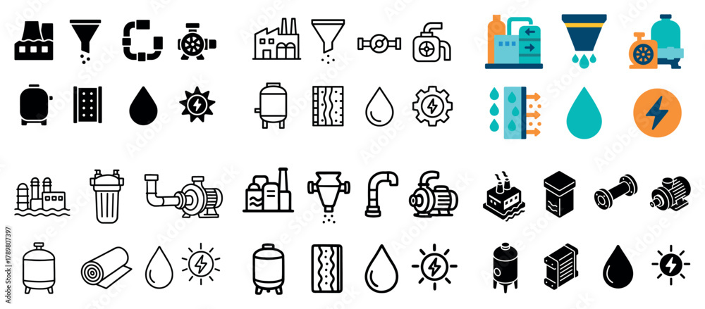 Fototapeta premium Industrial equipment icons for water and energy systems