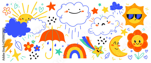 Cute weather character set with cartoon sun and moon, cloud, rainbow and rain icons for kid design. Smiling celestial elements and colorful umbrella in hand drawn doodle style. Playful childish vector