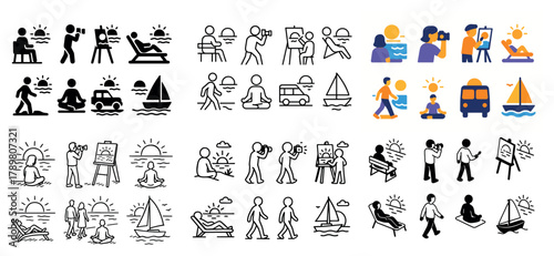 Vacation icons with people at the beach and sea