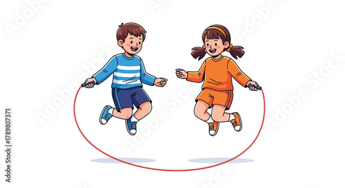 Two happy children, a boy and a girl, are smiling and jumping rope together in a playful illustration.
