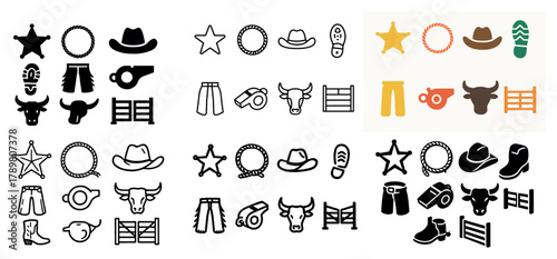 Western icons set with cowboy hats and boots