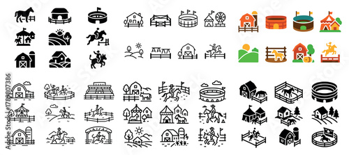 Horse farm and equestrian activities icons