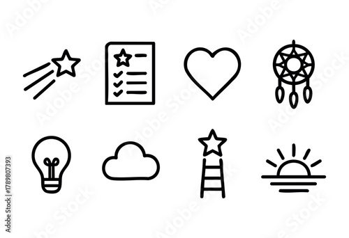 Various doodles displaying symbols like stars, hearts, a checklist, and a dreamcatcher. These elements represent dreams, inspiration, and planning, creating a whimsical vibe.