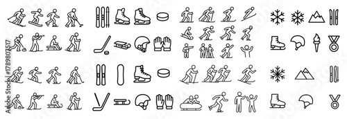 Winter sports icons set: skiing, skating, and hockey