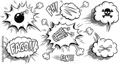 Explosions with Dynamites and Skulls in Comic Book Style on Transparent Background