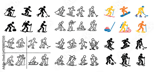 Winter sports stick figures in action