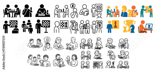 Diverse people playing chess illustrations collection