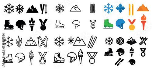Winter sports icons and symbols in various styles
