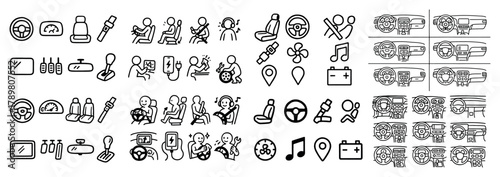 Car interior icon set with steering wheels and seats