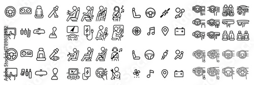 Car interior icons set: seats, steering, music, gps