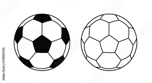 Two classic soccer balls, one black and white, the other an outline, showing the pentagonal and hexagonal pattern.