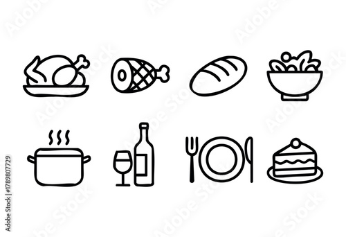 A spread of home-cooked food is prepared for a gathering. The table showcases a variety of dishes including roasted meat, salad, bread, wine, and a sweet dessert, creating a festive atmosphere.