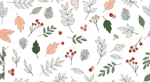 Fall Foliage Seamless Pattern with Leaves, Pine Cones and Berries on White Background