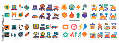 Car chip tuning icons and symbols collection