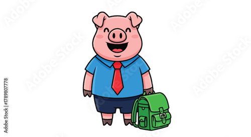 Cute Cartoon Pig Character in School Uniform with Backpack - Student Mascot Illustration