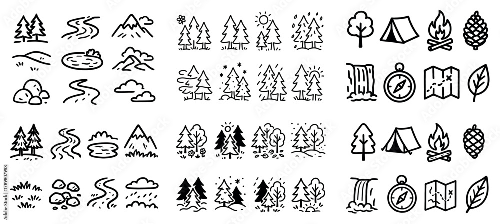 Naklejka premium Hand-drawn outdoor adventure icons set