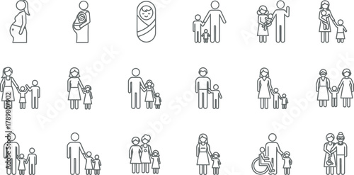 Family Life Stage Icons Pregnancy, Newborn, Parents, Children, Disability Symbol Set