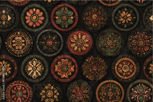Hand made intricate pattern with interlocking circles and flowers in earthy tones. Each element creates an appealing composition suitable as a wallpaper, texture, abstract, fabric, textiles, clothing.