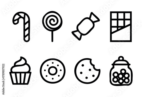 A collection of sweet treats features a candy cane, lollipop, chocolate bar, cupcake, donut, cookie, and a jar of colorful candies, all illustrated in a simple black and white style.