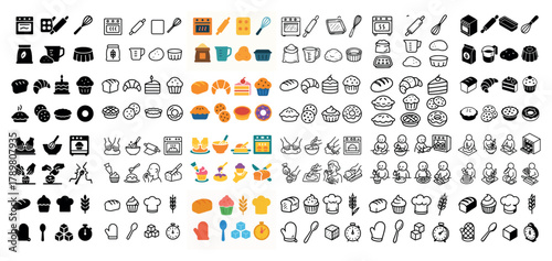 Colorful bakery icons and kitchen utensils collection