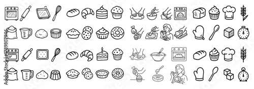 Baking tools and pastries icon set