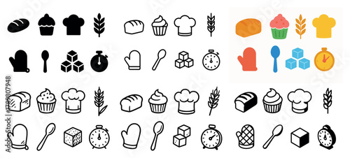 Baking icon set: bread, pastry, tools, timer