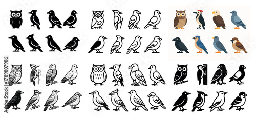Diverse bird icons in various artistic styles
