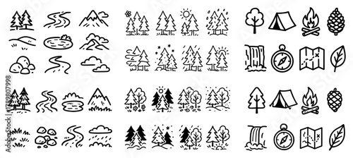Hand-drawn outdoor adventure icons set