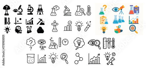 Science icons set featuring lab equipment and symbols