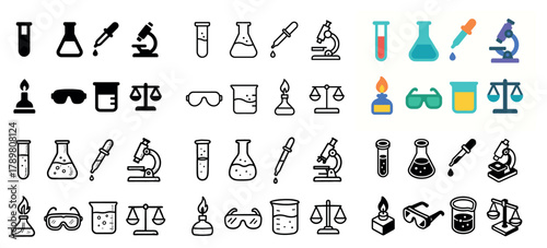 Chemistry icons set: beakers, microscopes, goggles