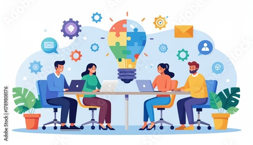 Colorful Flat Illustration of Business Team Brainstorming for Creative Ideas