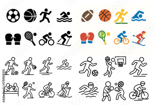 Various sports icons in multiple styles and colors