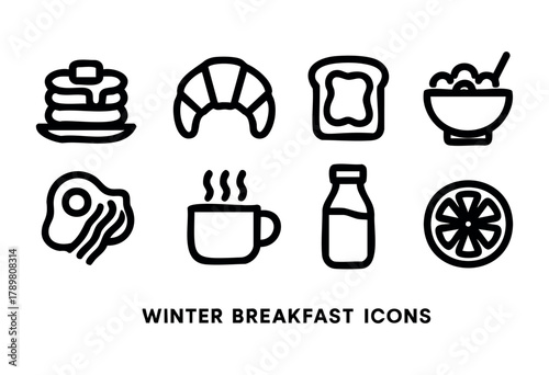 A collection of winter breakfast icons showcases beloved foods like pancakes, croissants, eggs, and warm beverages. Perfect for morning menus, these simple illustrations celebrate cozy meals.