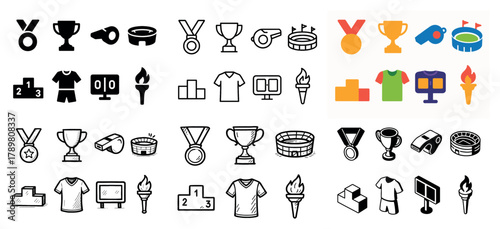 Sports icons collection: trophies, medals, and gear