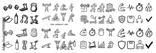 Hand-drawn gym workout icons and exercise equipment